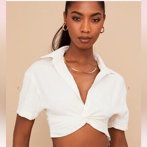 Rare House of CB Remi White Twist Front Crop Shirt Size Small